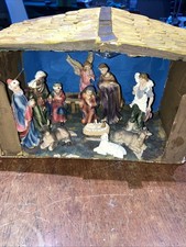 Vintage Christmas Nativity Scene Set. Handmade Stable wood Paper mache