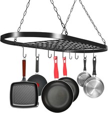 Black Ceiling Hanging Pot Pan Rack 10 Hooks Kitchen Organizer Shelf 81.5 x 42cm