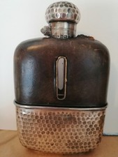 Vintage Hip Flask Silver Leather Glass. Fully Hallmarked.