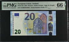 GEM UNC 20 Euro Ireland RARE T002A1 2015 Draghi 22t Prefix T PMG 66 EPQ TC