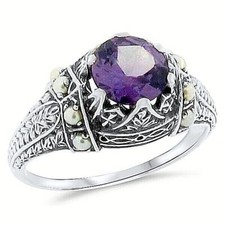 VICTORIAN STYLE SIMULATED ALEXANDRITE 925 STERLING SILVER PEARL RING        #132