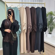 Women Solid Color Dress Dubai Muslim Loose Burqa Arab Drawstring Sleeved Abaya
