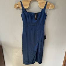 Lulu's Medium Blue Satin Square Neck Midi Dress Slit Formal Wedding Guest NWT