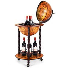 360MM Wood Globe Wine Cabinet Bottles Storage Rack w/360 Degree Rotatable Wheels