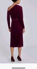 Reiss Bella Velvet Asymmetric off the shoulder Midi Dress Berry, Size 8
