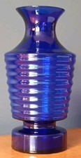 Vintage 1960s Swedish Cobalt Blue Art Glass Hooped Vase Beehive 