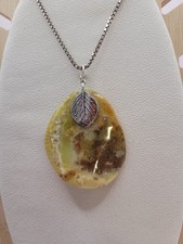 Sterling Silver Chain And Large Natural Green Polished Opal Pendant Necklace (