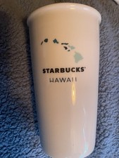 Starbucks 2014 Hawaii Ceramic White / Teal Coffee Travel Tumbler Mug 12 oz