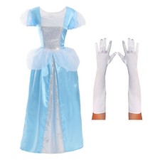 LADIES BLUE MIDNIGHT PRINCESS DRESS + GLOVES COSTUME FAIRYTALE ADULT FANCY DRESS