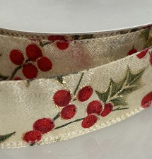30mm HOLLY & BERRIES Christmas Ribbon Wire Edged Tree Decoration Crafts  