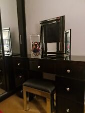 Monica Venetian Modern Black Gloss Dressing Console Table Tri Fold Mirror Stool