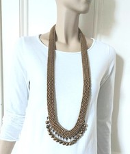 Mawi Long Necklace Beaded Statement Signed Bronze Tone