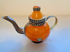 Vintage Brass and orange slag glass Teapot Trinket Box 3.8ins tall Used