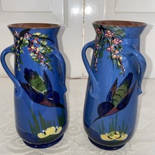 Vintage Longpark Torquay Pottery Blue Kingfisher design Vase. 8 inches. X2