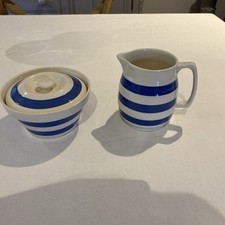 Vintage Staffordshire Chef Ware Milk Jug & Lidded Bowl Blue & White Stripe