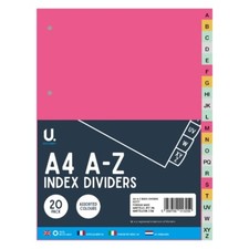 A4 A-Z Index Dividers - Multi Coloured Alphabetical Order Universally Punched 20