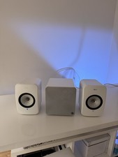 KEF LSX Wireless Active Stereo Speakers - Gloss White and Cambridge Sub-woofer