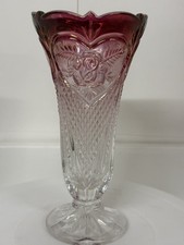 Ruby Red Crystal Glass Vase With Rose Pattern 