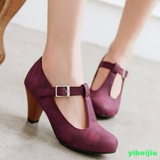 Women's Formal Leisure Mary Jane High Heels T-Strap Shoes Retro Pumps Plus Size