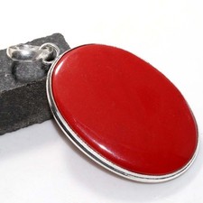 Red Coral 925 Silver Plated Gemstone Pendant 2.2" Aesthetic Jewellery MJ