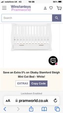 Obaby Stamford MINI Sleigh Cot Bed & Drawer (White) - Suitable From Birth 
