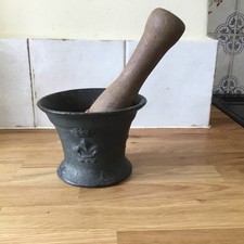 Antique Bronze Mortar With Later Stone And Wood Pestle