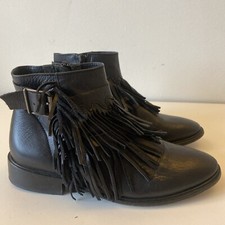 Topshop Black Soft Leather Fringe Ankle Boots Size 5 Western Style