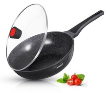 Nonstick wok with Lid Induction Gas Elec 30CM Black Aluminium Deep Frying Pan