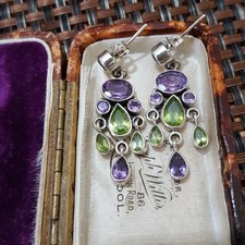 Qvc 925 Sterling Silver Earrings, Multi Gemstones Dangle, Amethyst, Peridot