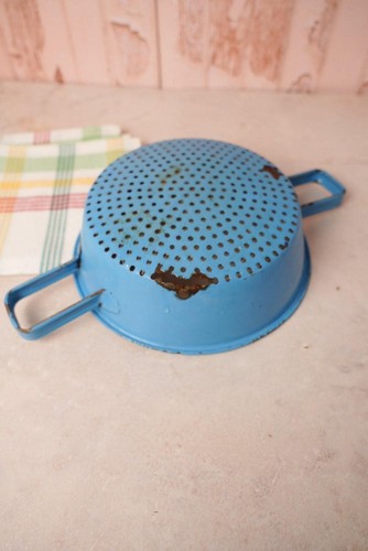 Vintage blue enamel colander - enamel,