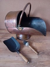 Antique Victorian Copper/Brass Coal Scuttle / Fire Place Bucket, Shovel & Brush 