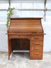 Vintage Oak French Desk With Tambour Roll Top