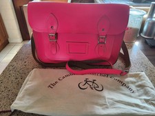 THE CAMBRIDGE SATCHEL COMPANY 13 INCH FLUORO PINK LEATHER SATCHEL USED FREE POST
