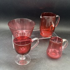 Cranberry Glass Collection Four Vintage Items Two Jugs Bowl & Stemmed Cup