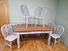 Vintage Farmhouse Painted Pine Table and Set of 6 Harlequin Chairs