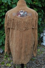 Warner Brothers Taz Tan Suede Embroidered Fringed Western Tassel Jacket M