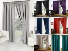 Pencil Pleat Thermal Blackout Curtains Pair Ready made with 2 FREE Tie Back