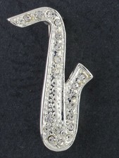 Small Tramp Saxophone Musical Brooch  Dress  Pin with Crystal  Diamante Studded 