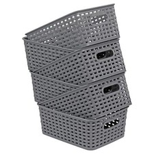 6 x Handy Plastic Rattan Storage Basket Weave Basket Crate Office Kitchen Grey