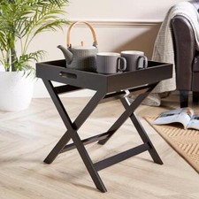 Folding Butlers Side Table Portable Wooden Food Serving Tray Drink Dinner Black