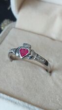 Vintage 1970-s Celtic Claddagh Ruby 925 Silver Ring in Box UK R 1/2 US 8 3/4