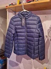 M&S Jacket Womens Size UK 8 Navy Blue Feather Down Padded Coat Lightweight Hood