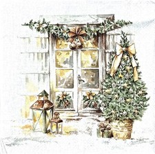 S848# 3 x Single SMALL Paper Napkins Decoupage Winter Window With Christmas Tree