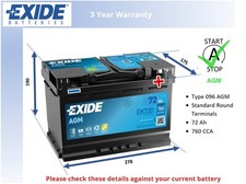 Car Battery EK720 Exide 000915105CC 5GM915105AA 5GM915105BA 7L0915105 7P0915105