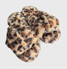 Aldi's Criss Cross Slippers - Size S 5/6 - Plush Faux Fur Leopard Slides Slip On