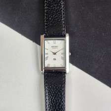 vintage Seiko Slim Tank Quartz Men White Dial Black Strap Dress Watch UK54