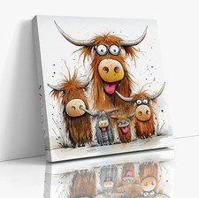 Cute Funny Highland Cows Square Canvas Print Picture Gift Modern Wall Art Poster