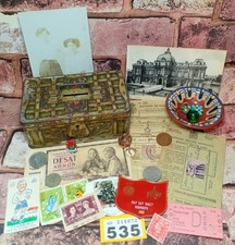 Vintage Tin Curio Job Lot Coins Ephemera, Stamps Pottery Etc History Y535