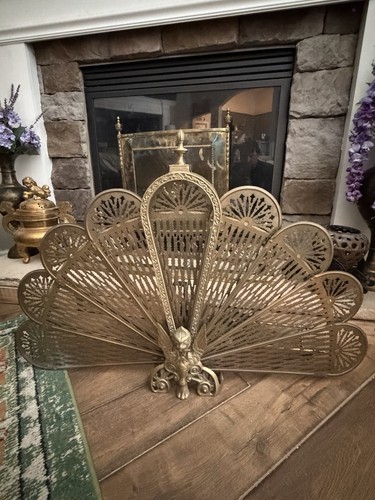 Antique brass peacock fan fire - peacock,