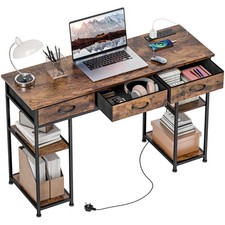 HOMCOM Computer Writing Desk with Power Outlets, Drawers, Foot Pads, Brown